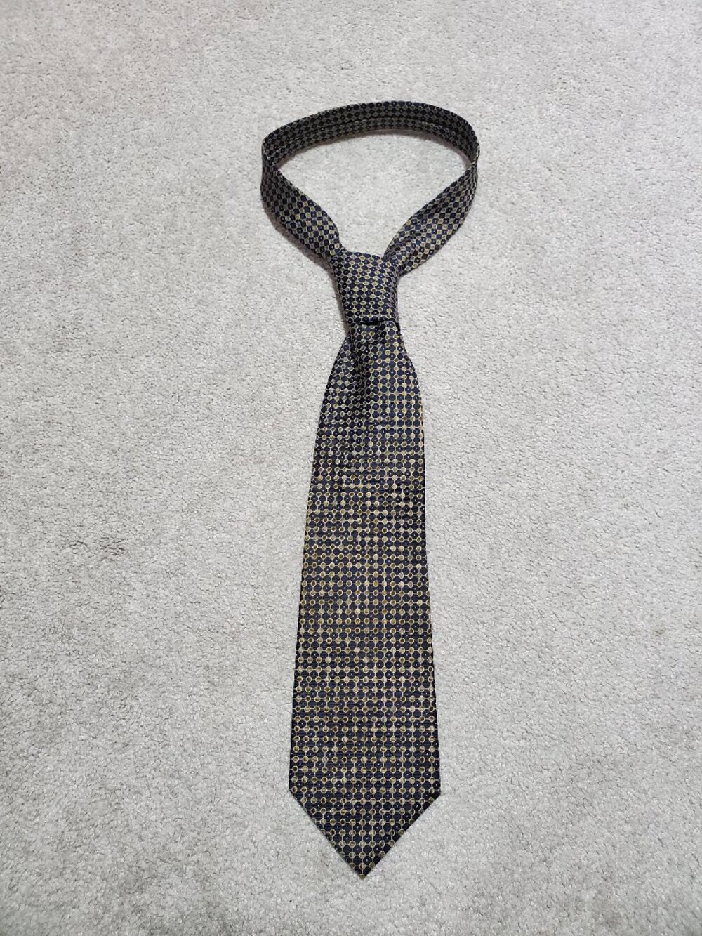 LAUREN RALPH LAUREN 100% Silk Neck Tie Navy Gold Circles Geometric Office Luxury